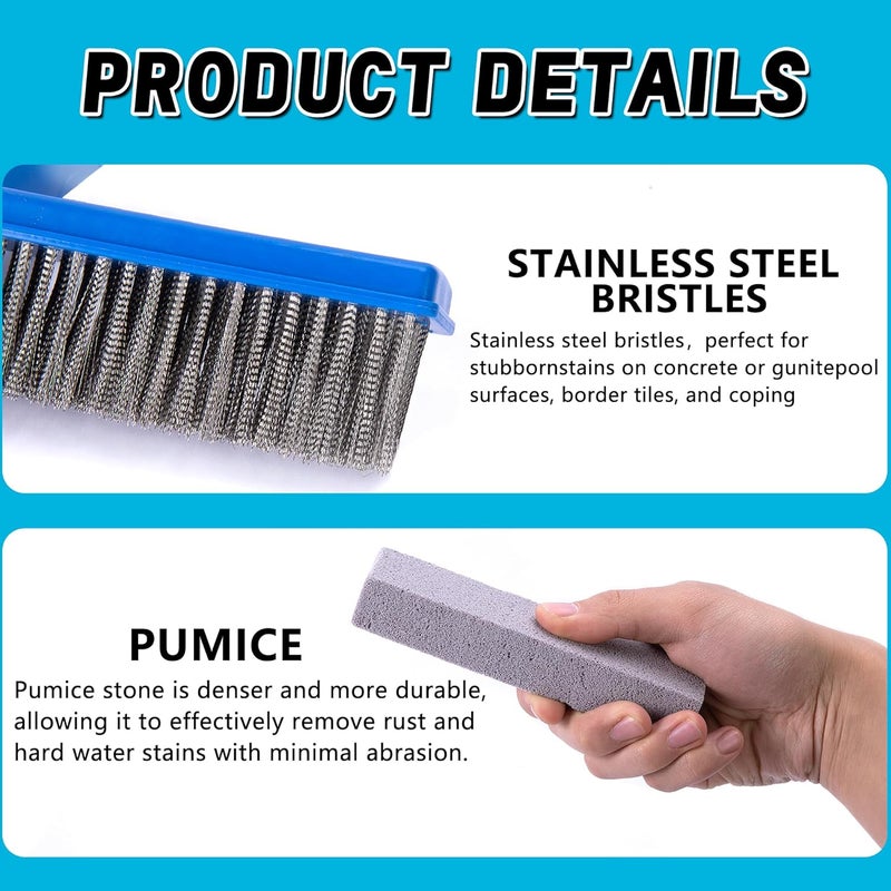 Adnee 7 Pcs Pool Cleaning Kit - Stainless Steel Pool Brush & Pumice Stones for Tile, Metal, Stone - Removes Rust, Calcium Deposits & Stains - Image 3